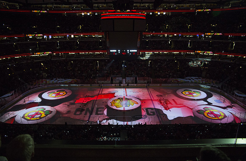 Chicago Blackhawks rink projection by Quince Imaging