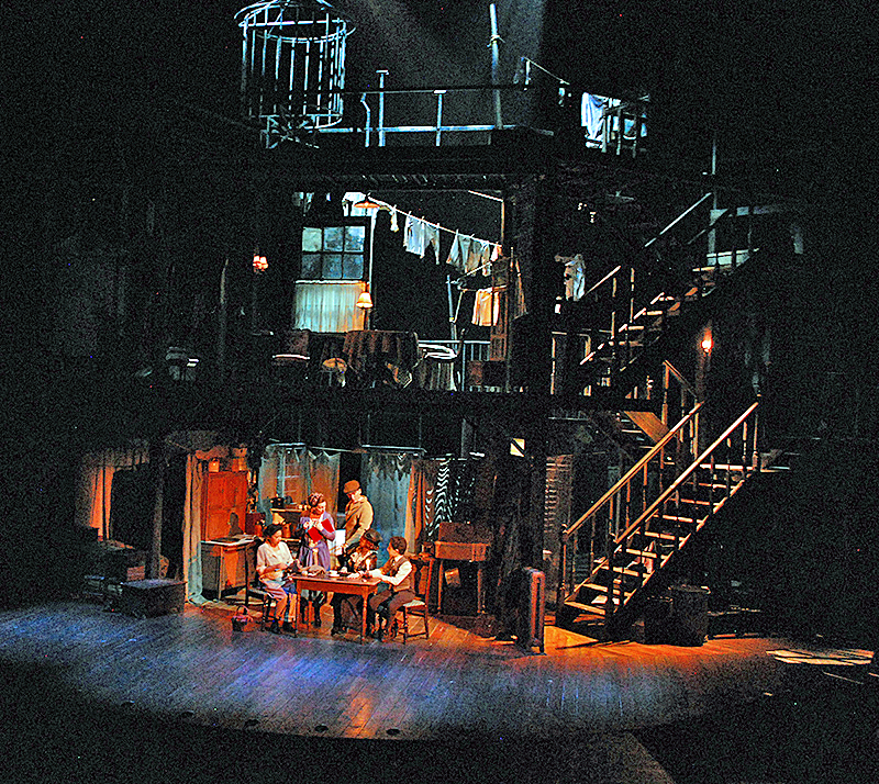 Beowulf Boritt’s elaborate set for Act One was one of the biggest to make use of a turntable. Photo by Joan Marcus