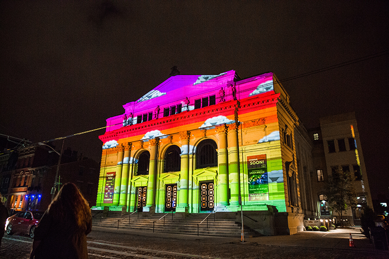 Cincinnati's Memorial Hall, lit as part of Blink Cincinnati 2017