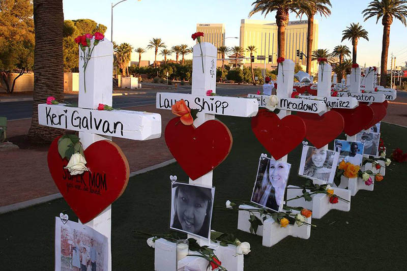 The 58 “Crosses for Losses” near the Welcome to Las Vegas sign commemorate victims of the Route 91 Harvest Festival shooting Oct. 1. The crosses will be moved to the Clark County Museum in Las Vegas on Nov. 12.